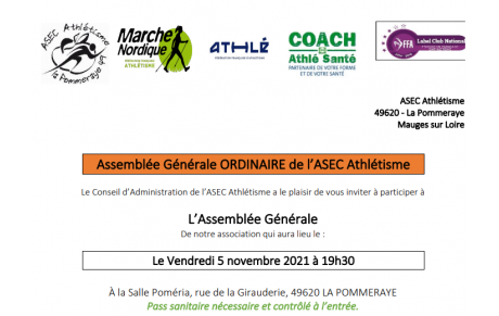 Invitation Assemblée Générale ORDINAIRE de l’ASEC Athlétisme Vendredi 5 novembre 2021 à 19h30